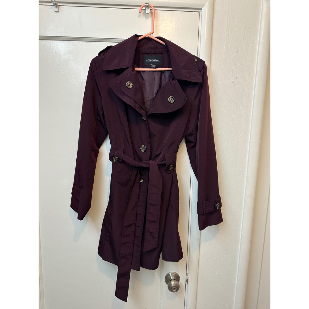 London Fog Womens Plum Purple Double Breasted Belted Trench Coat Jacket Small